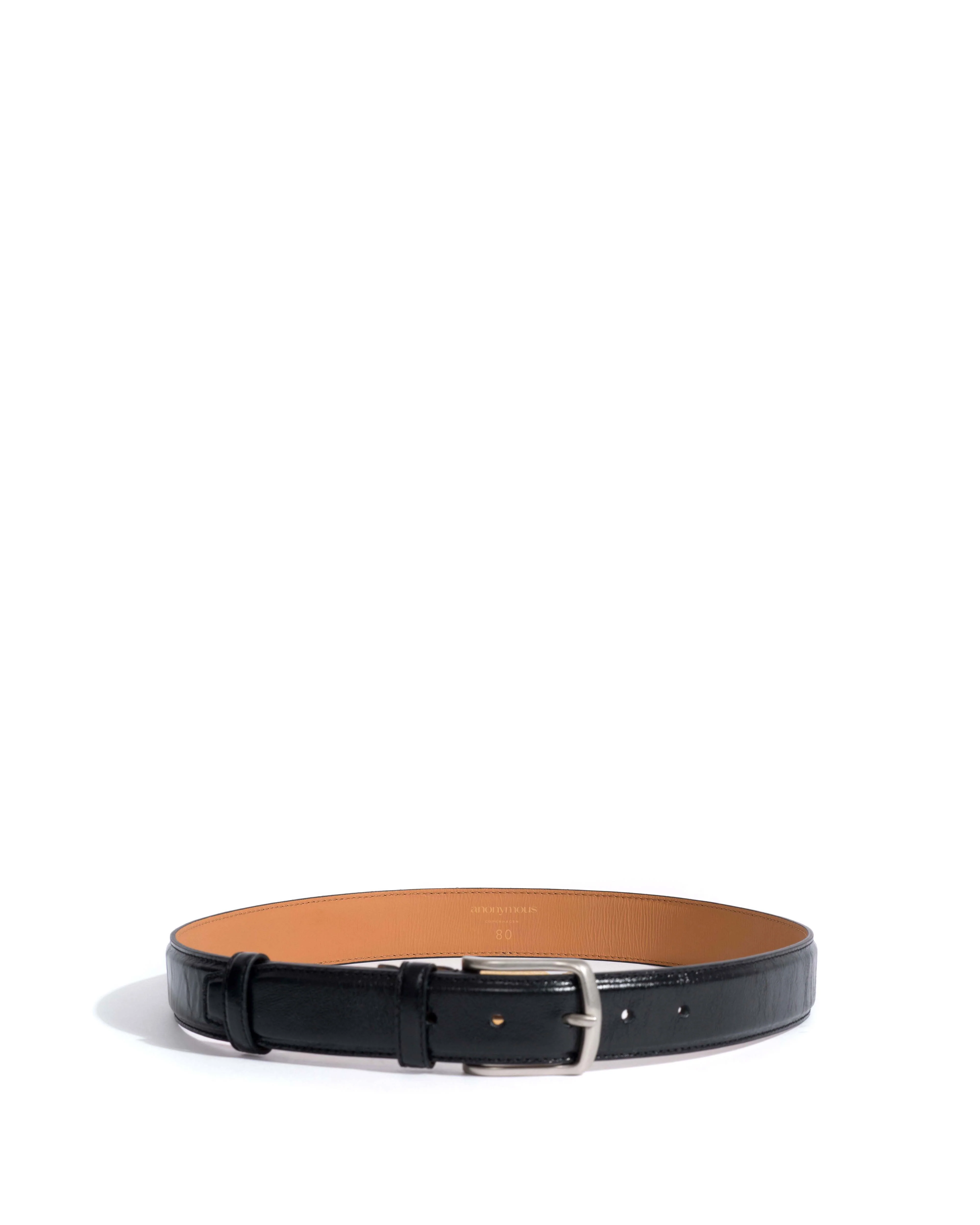 Quinn classic unisex leather belt Crinkled polished goat & metal Black & silver buckle - Image 3