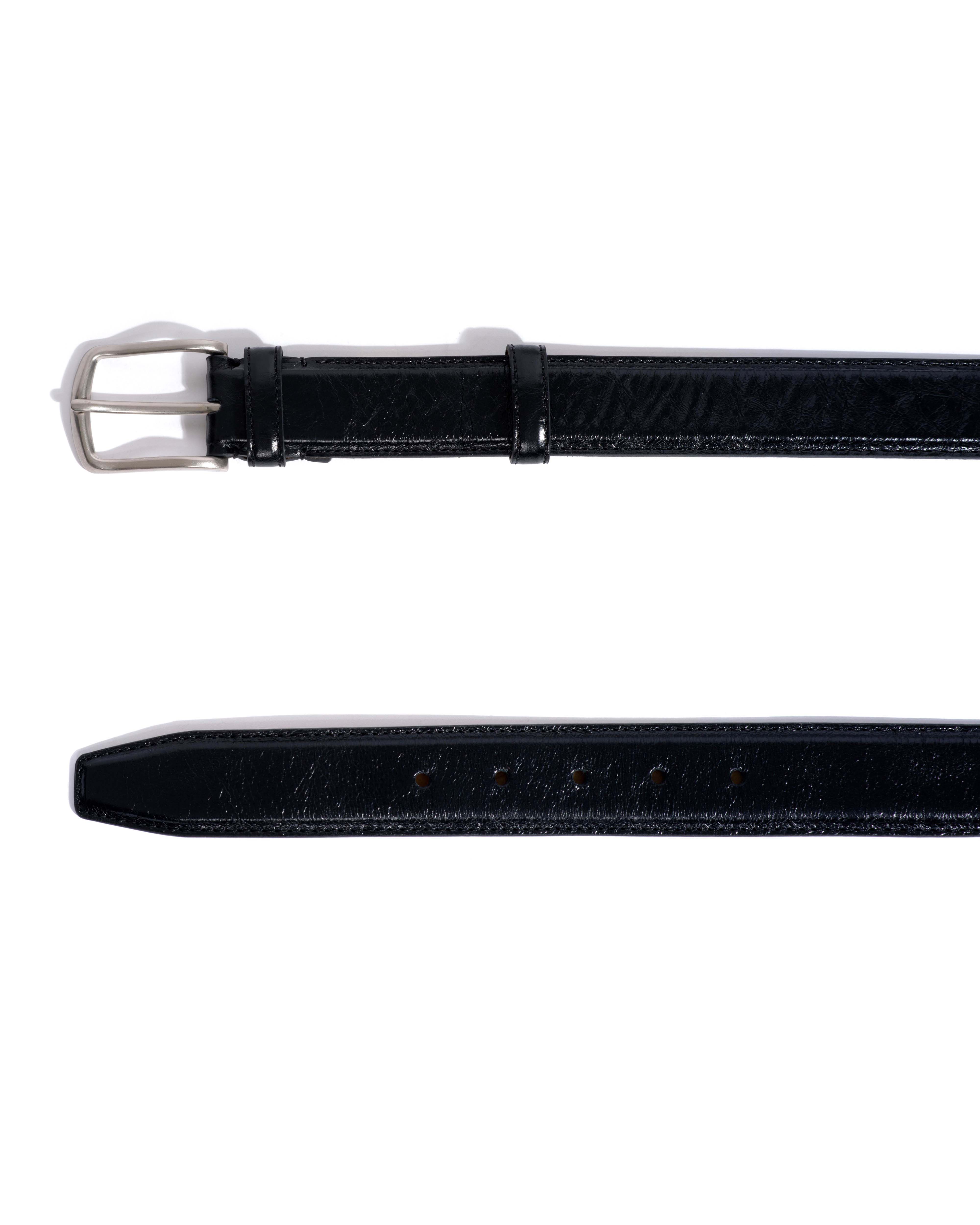 Quinn classic unisex leather belt Crinkled polished goat & metal Black & silver buckle - Image 4
