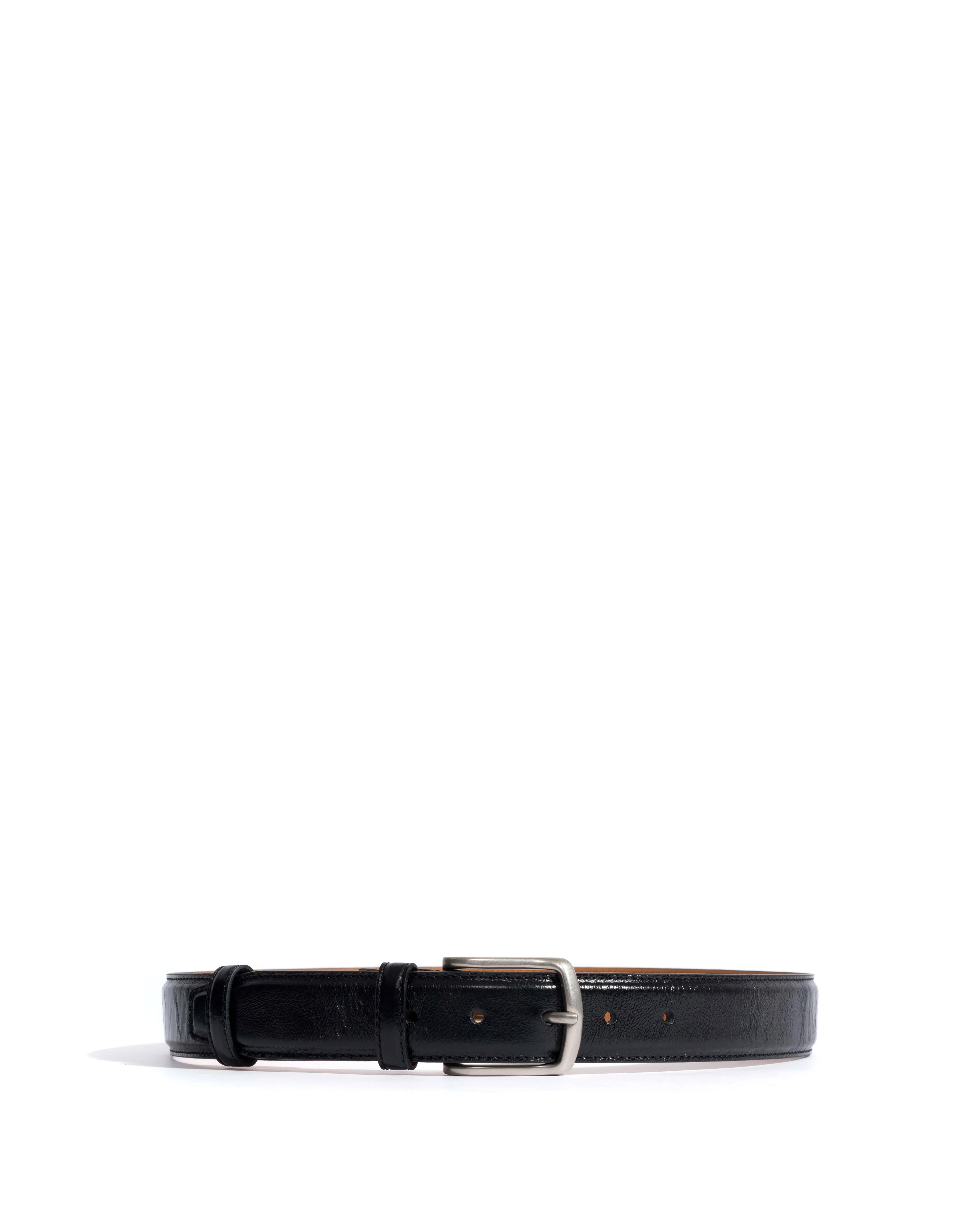 Quinn classic unisex leather belt Crinkled polished goat & metal Black & silver buckle - Image 5