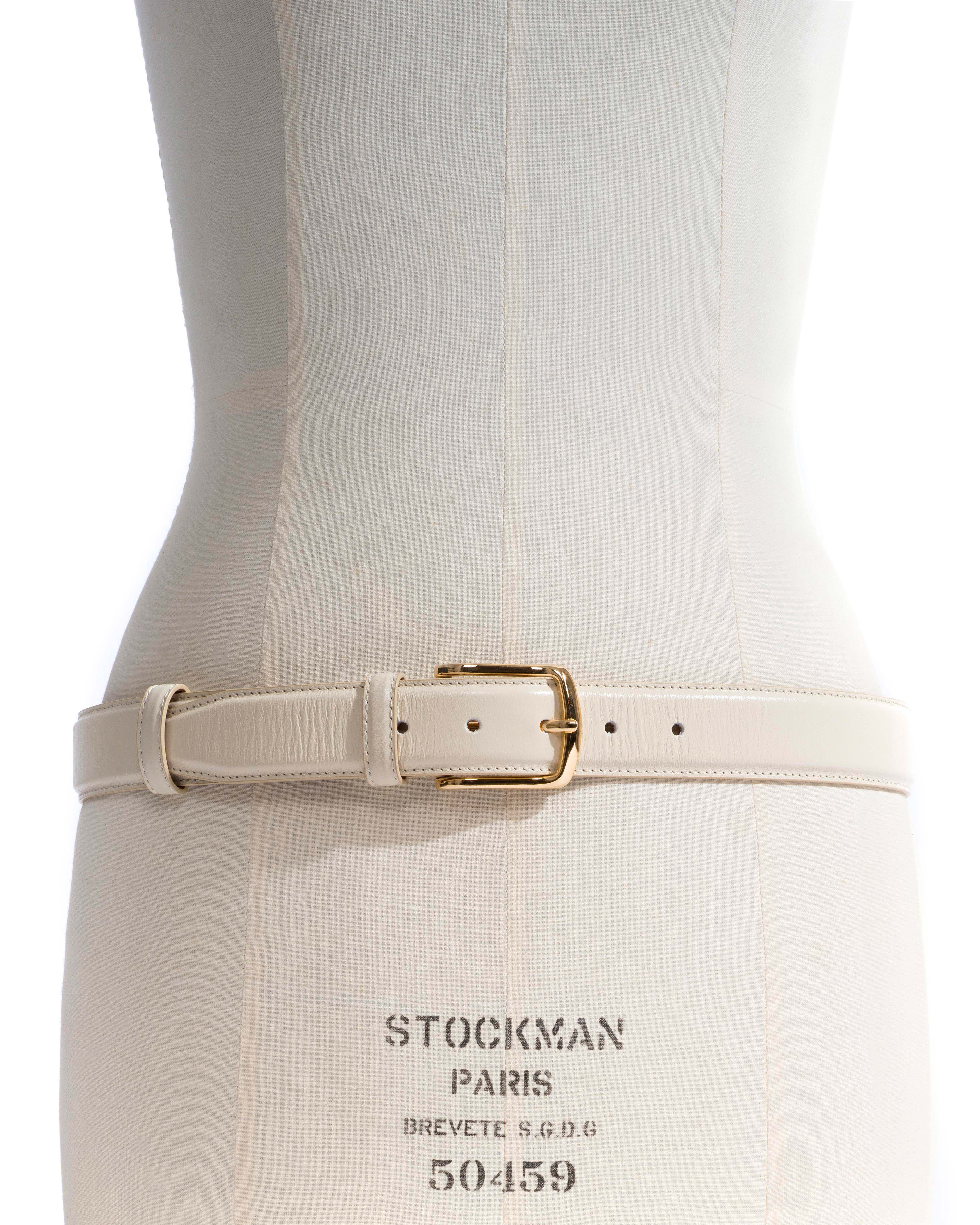 Quinn classic unisex leather belt Crinkled polished goat & metal White sand & gold buckle - Image 2