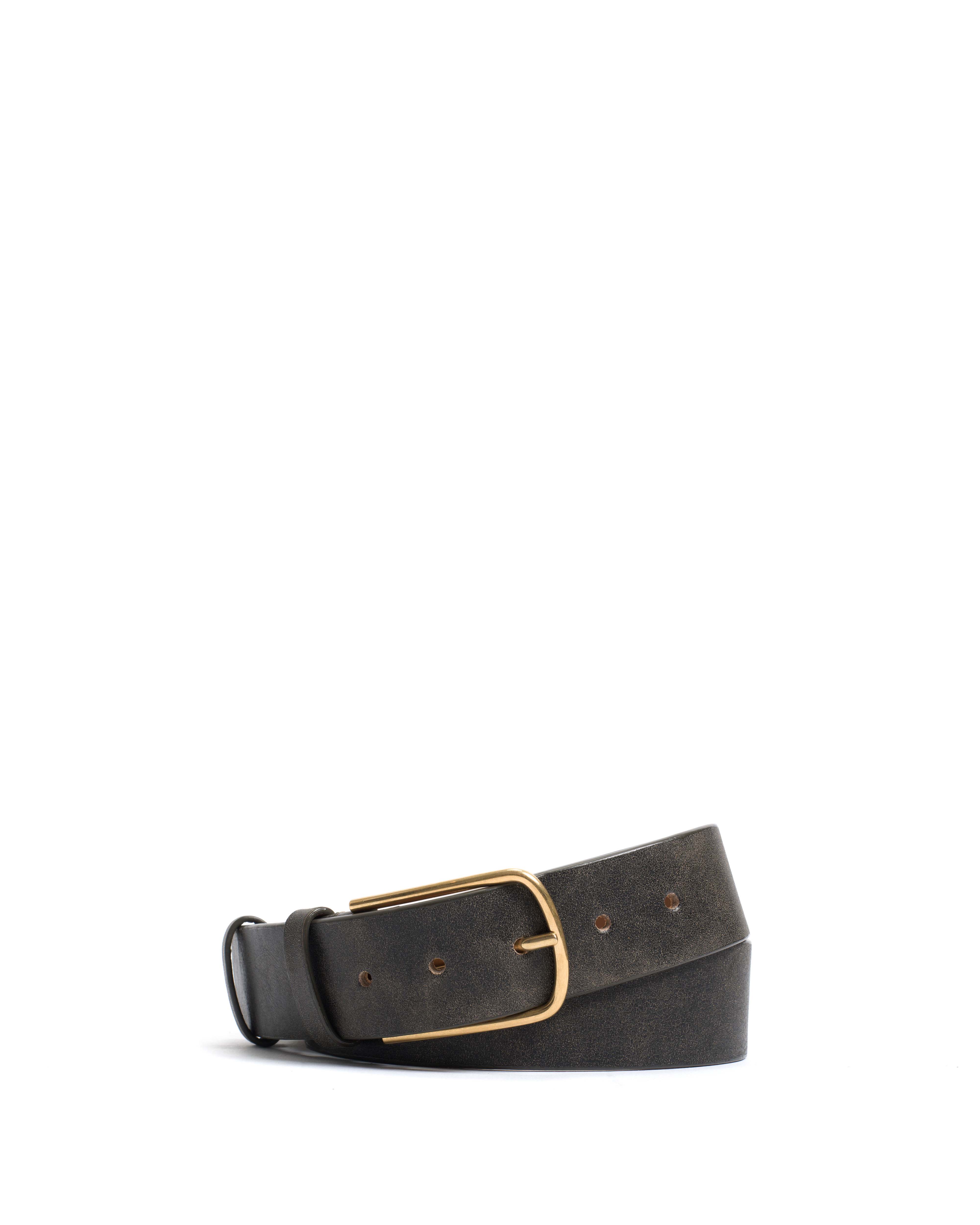 Whane simple unisex leather belt Distressed vegetable tanned calf & metal Off black & gold buckle
