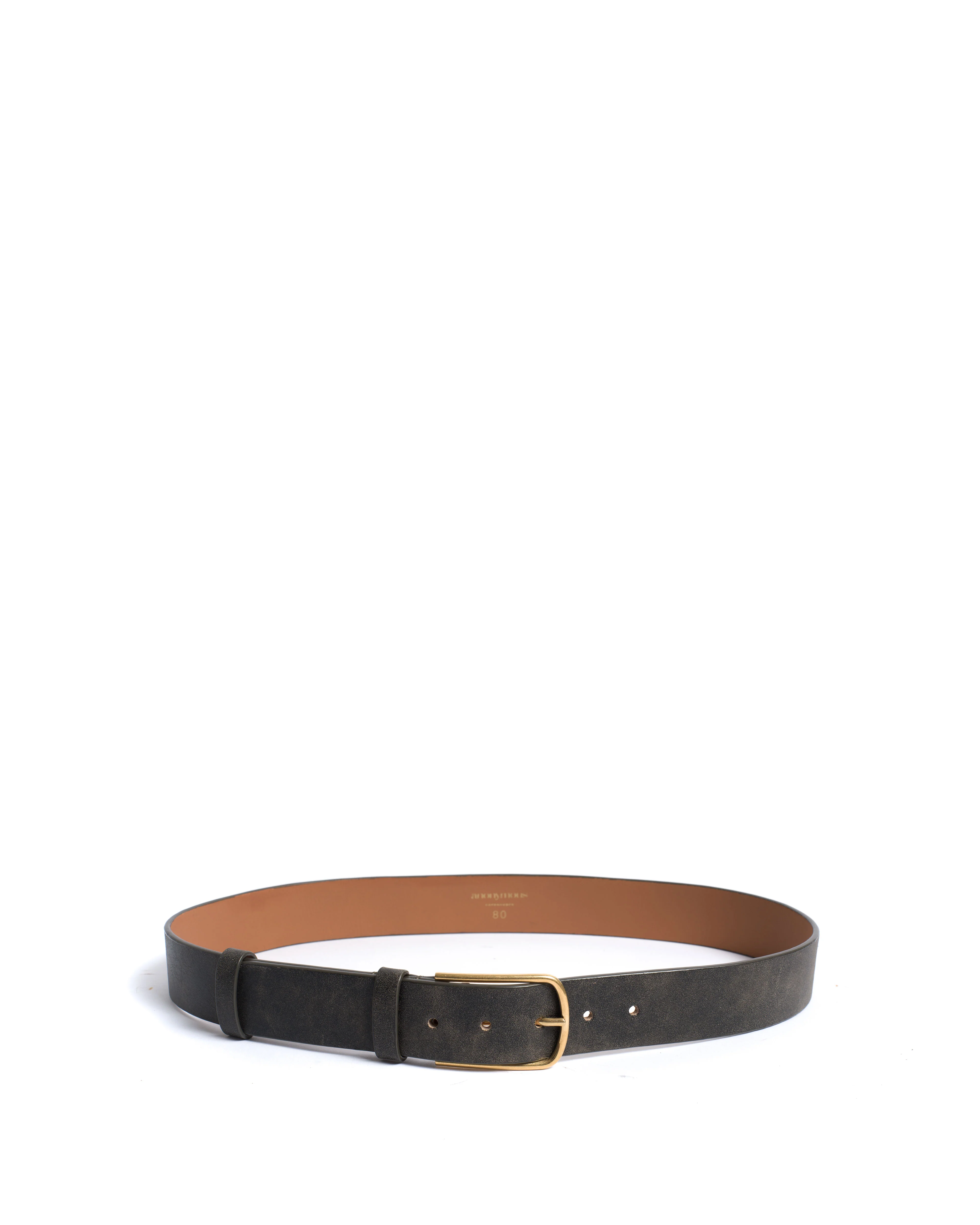 Whane simple unisex leather belt Distressed vegetable tanned calf & metal Off black & gold buckle - Image 3