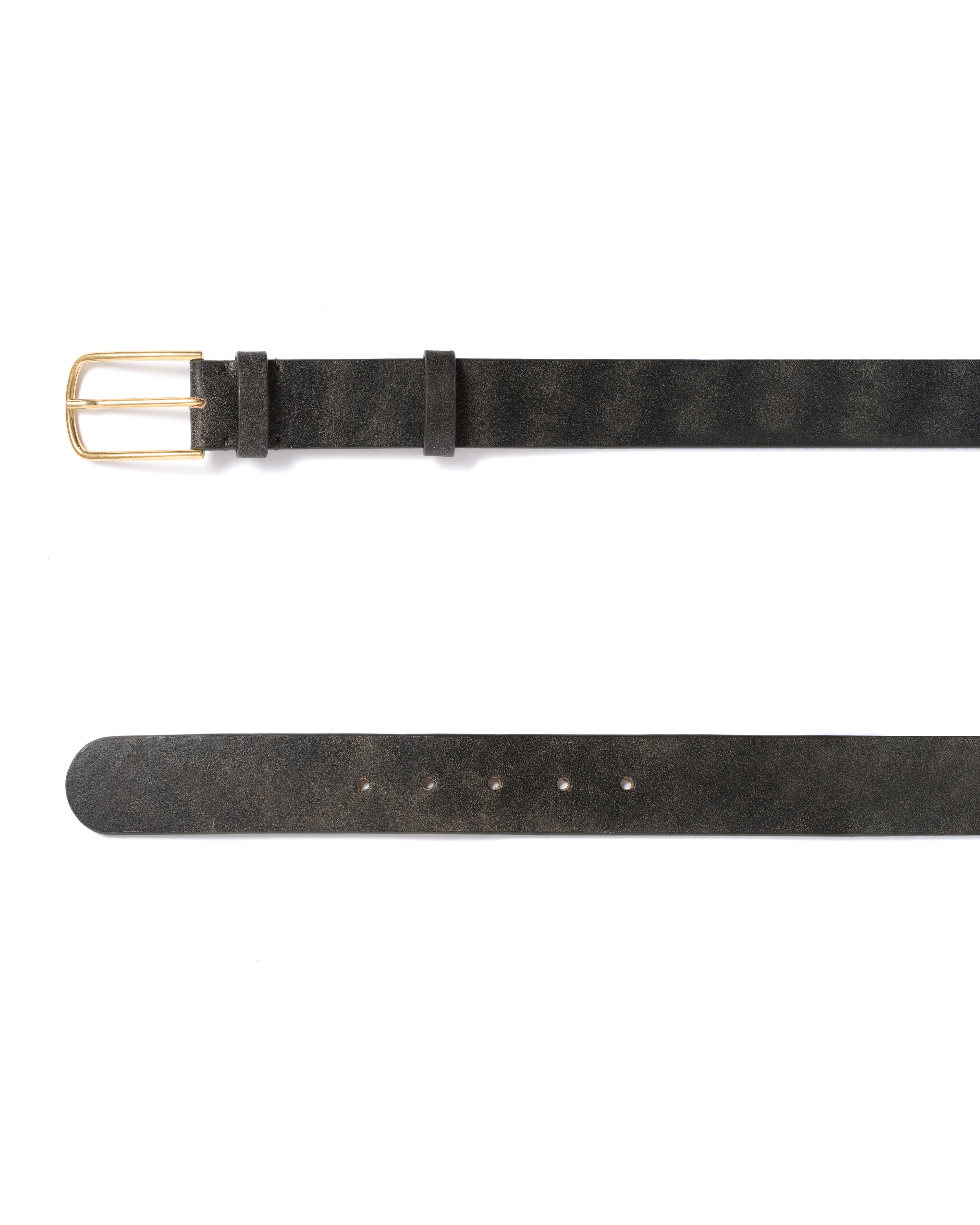 Whane simple unisex leather belt Distressed vegetable tanned calf & metal Off black & gold buckle - Image 5