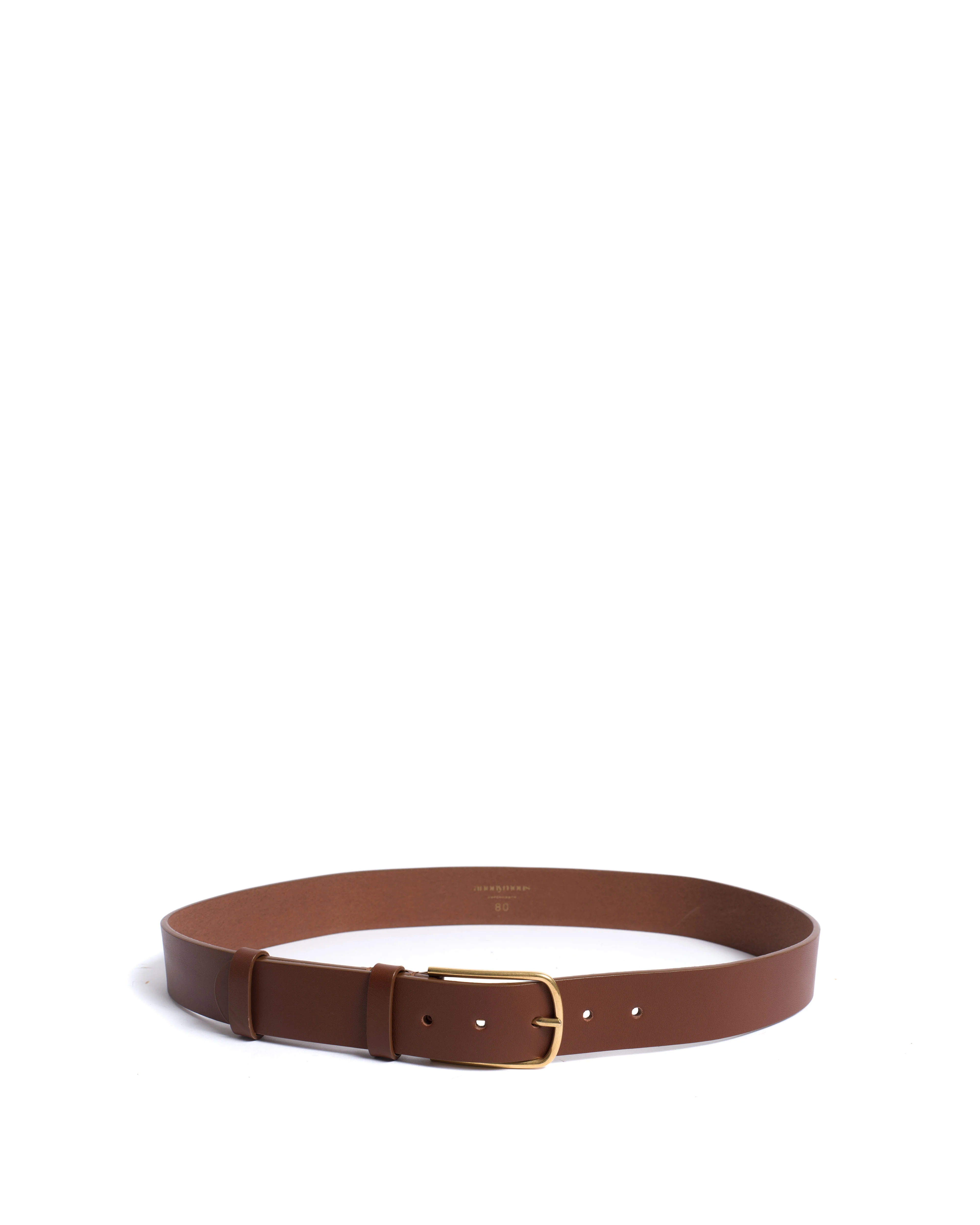 Whane simple unisex leather belt Vegetable tanned calf & metal Chestnut & gold buckle - Image 3